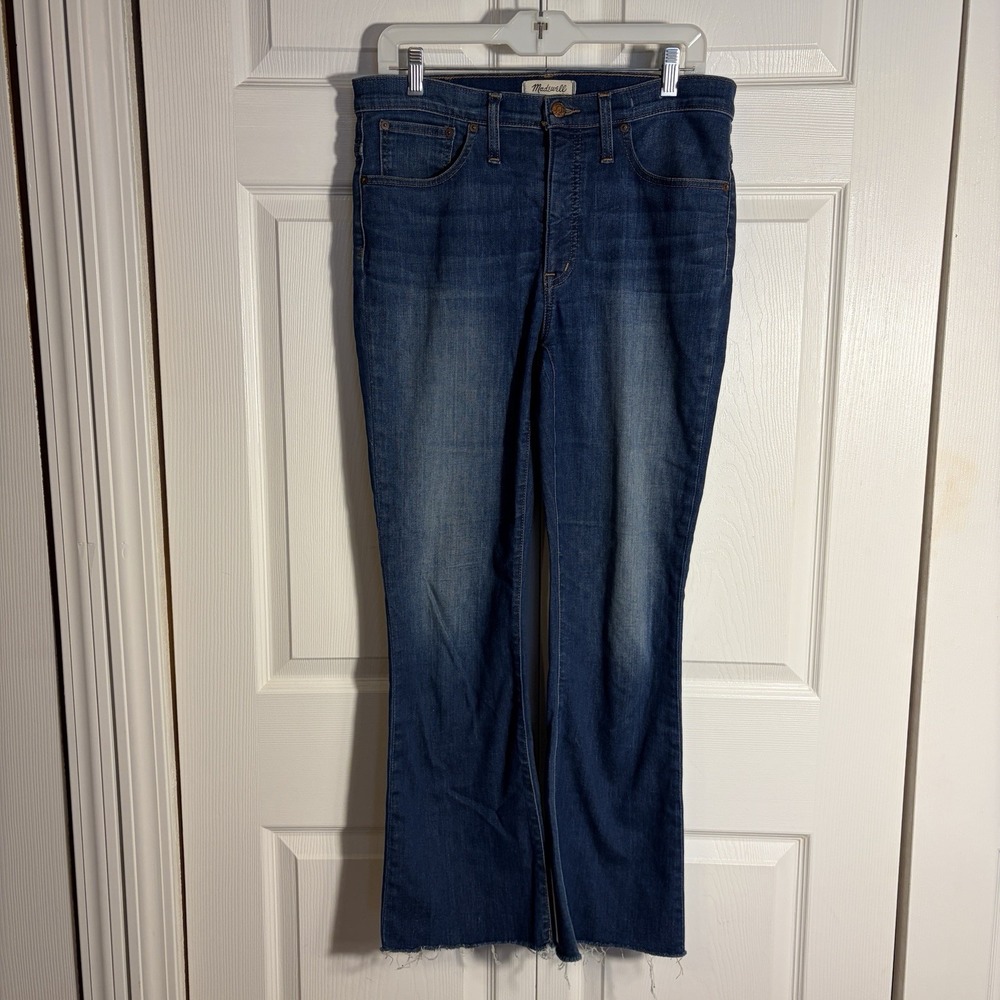 Madewell Cali Demi Boot Jeans Women 30T Blue Denim Raw Hem Mid Rise Faded Flare